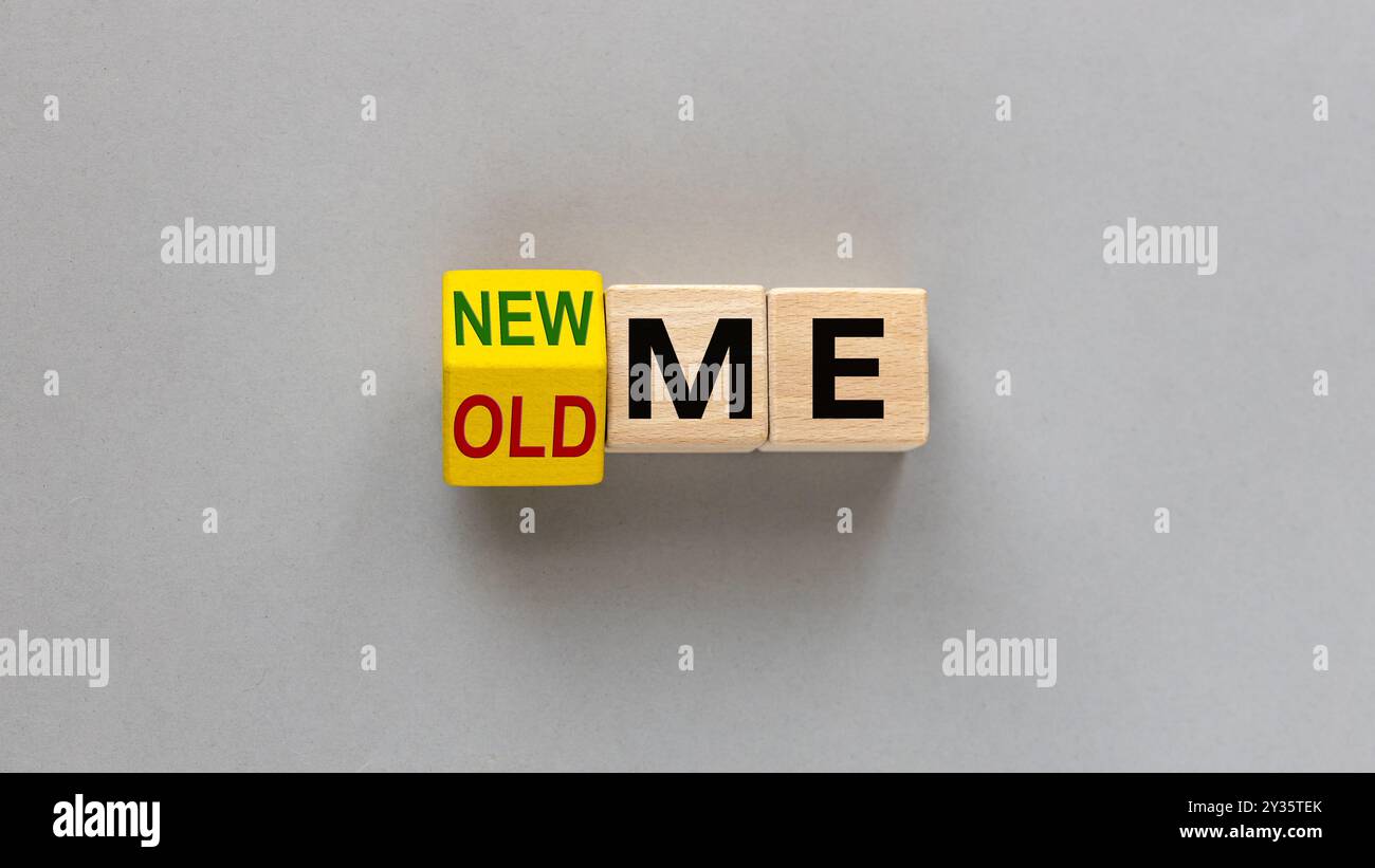 ALTES ICH und NEUES ICH Konzept. Briefe auf Holzblöcken, die das Wort "altes ich" in "neues ich" ändern, Konzept, Selbstverbesserung, persönliche Entwicklung. Wunderschöne Gra Stockfoto