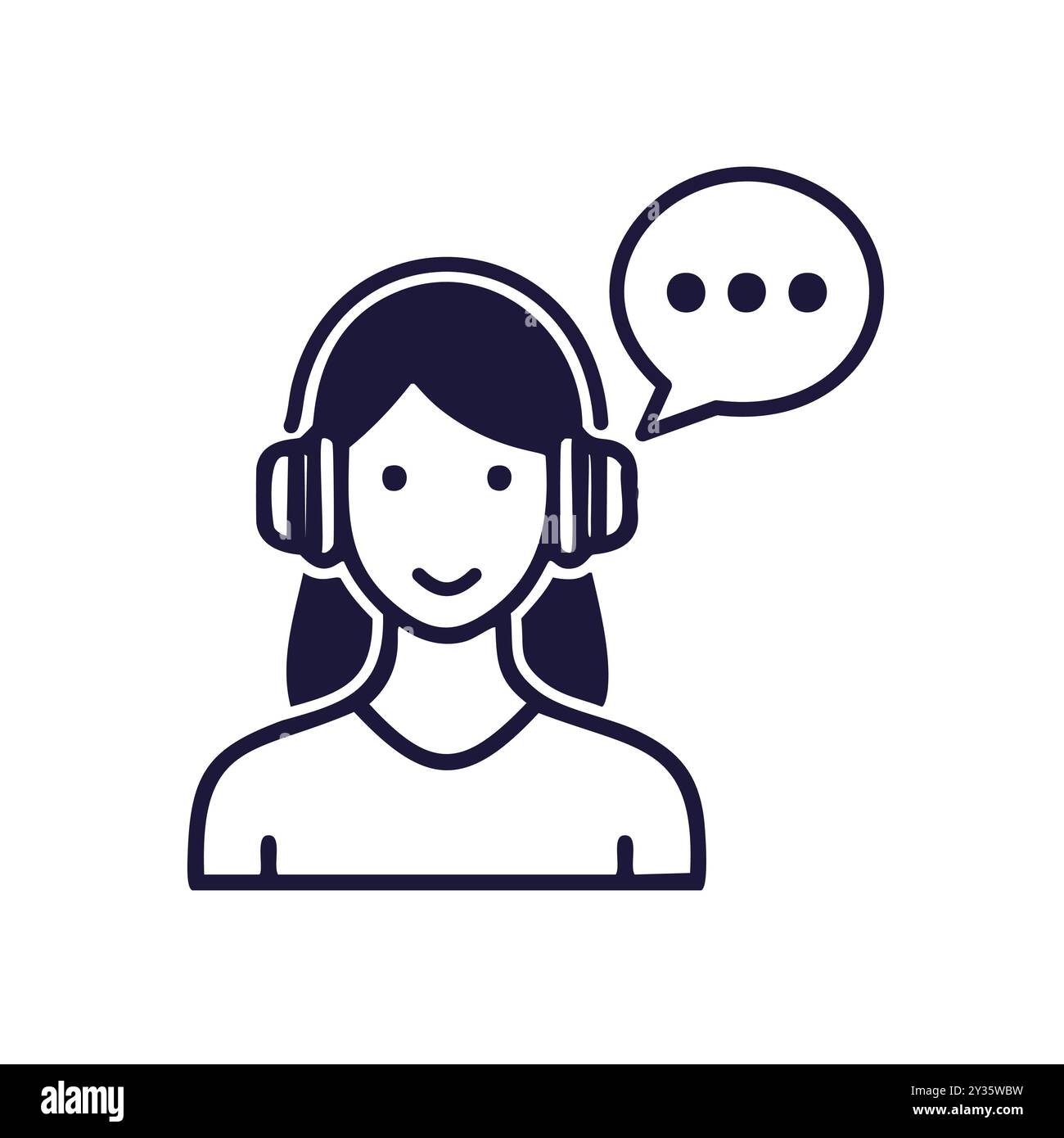 Frau mit Kopfhörern. Lächelnde Frau, die Kopfhörer trägt und denkt, ein Symbol für Kommunikation, Hilfe und Unterstützung. Stock Vektor