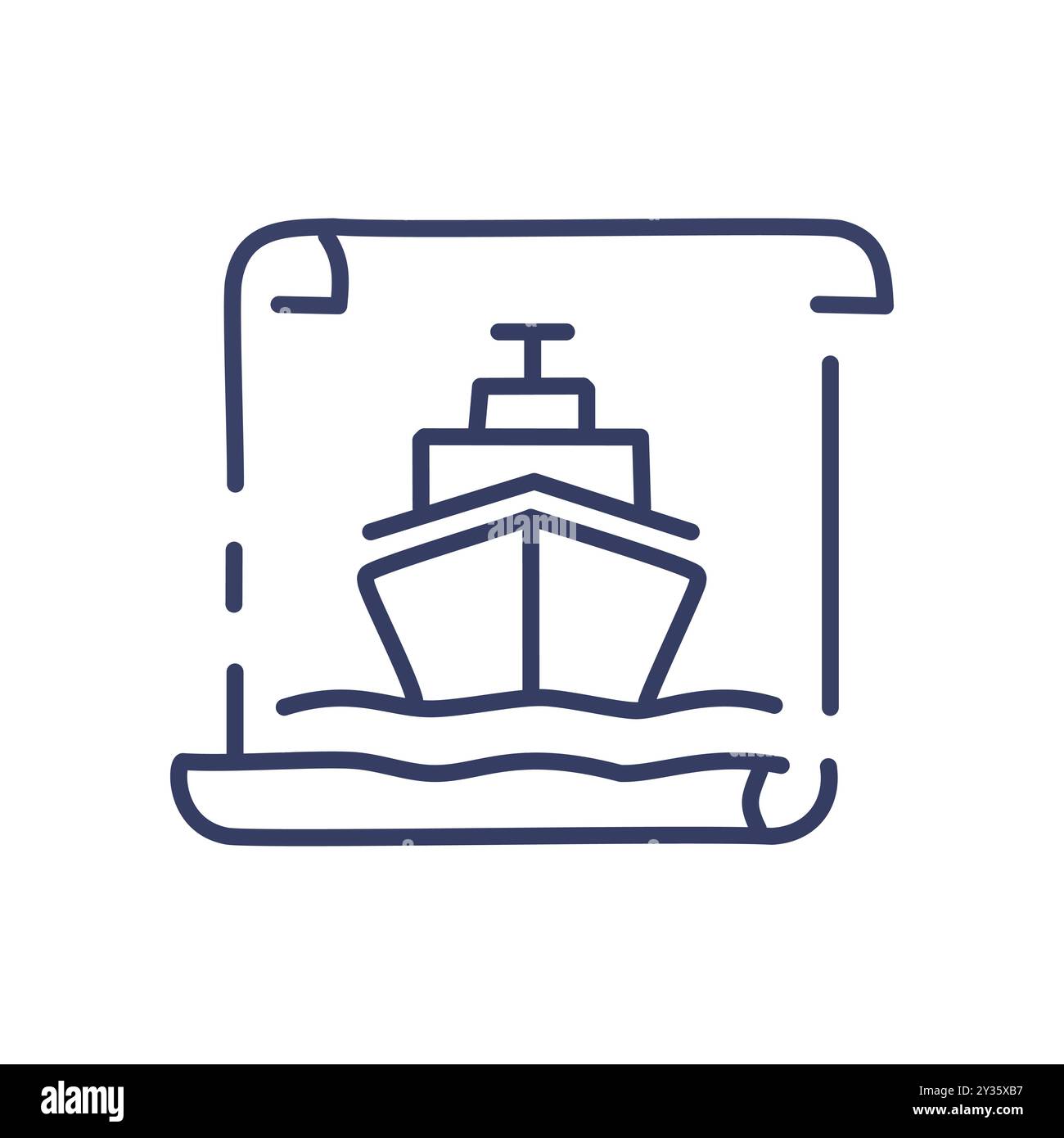 Auf Pergament versenden. Strichgrafik eines Schiffes auf einer Schriftrolle. Es stellt ein nautisches Abenteuer oder eine Seefahrtsreise dar. Stock Vektor