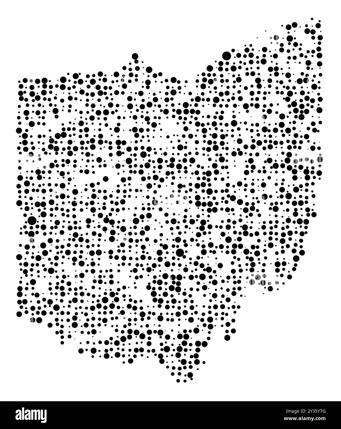 Symbol Map of the State Ohio (Vereinigte Staaten von Amerika), die den Staat mit einem Muster zufällig verteilter schwarzer Kreise unterschiedlicher Größe zeigt Stock Vektor