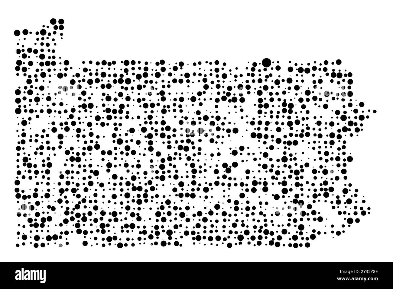 Symbolkarte des Bundesstaates Pennsylvania (Vereinigte Staaten von Amerika), die den Bundesstaat mit einem Muster zufällig verteilter schwarzer Kreise verschiedener si zeigt Stock Vektor