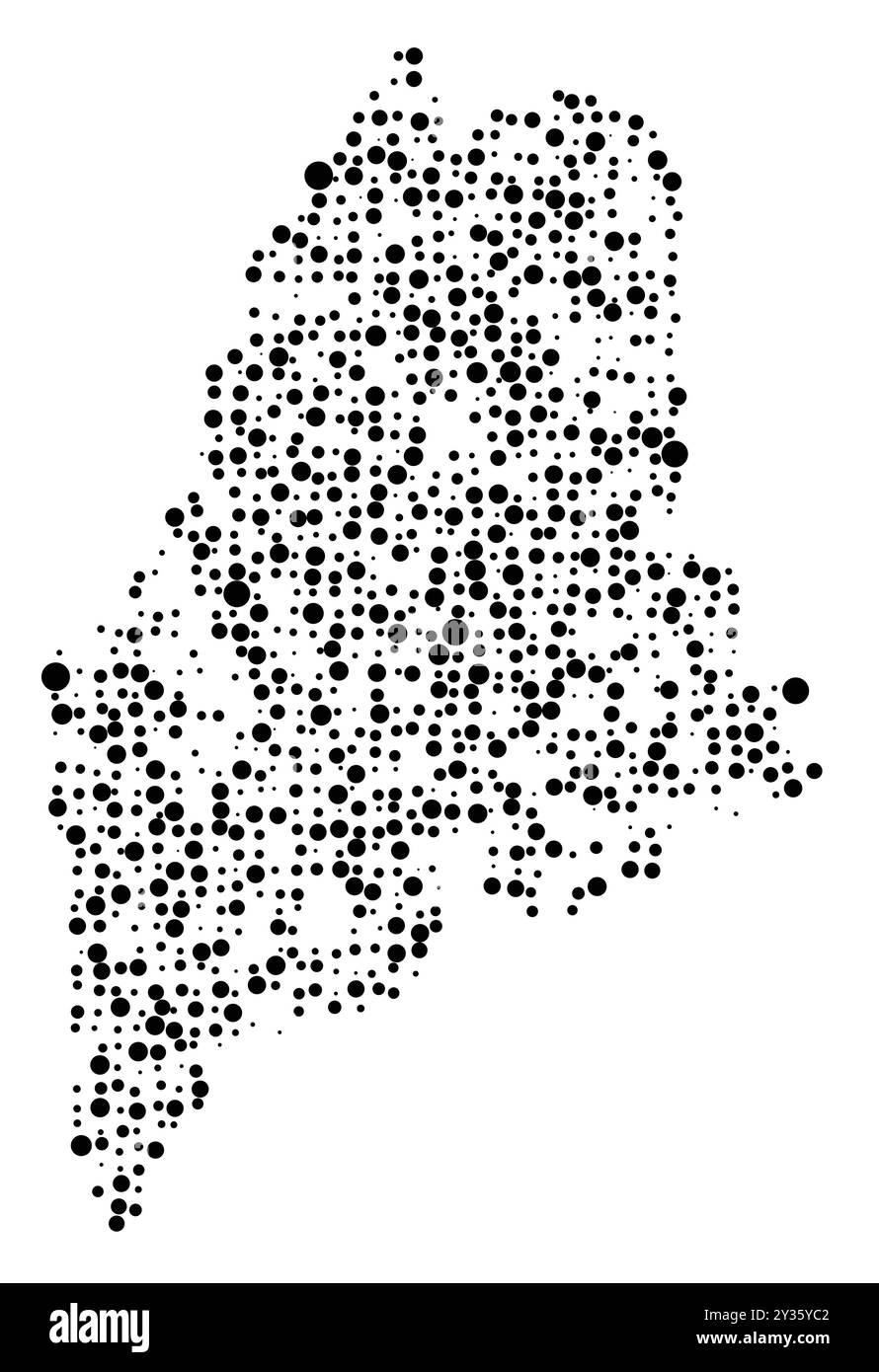 Symbolkarte des Bundesstaates Maine (Vereinigte Staaten von Amerika), die den Staat mit einem Muster zufällig verteilter schwarzer Kreise unterschiedlicher Größe zeigt Stock Vektor