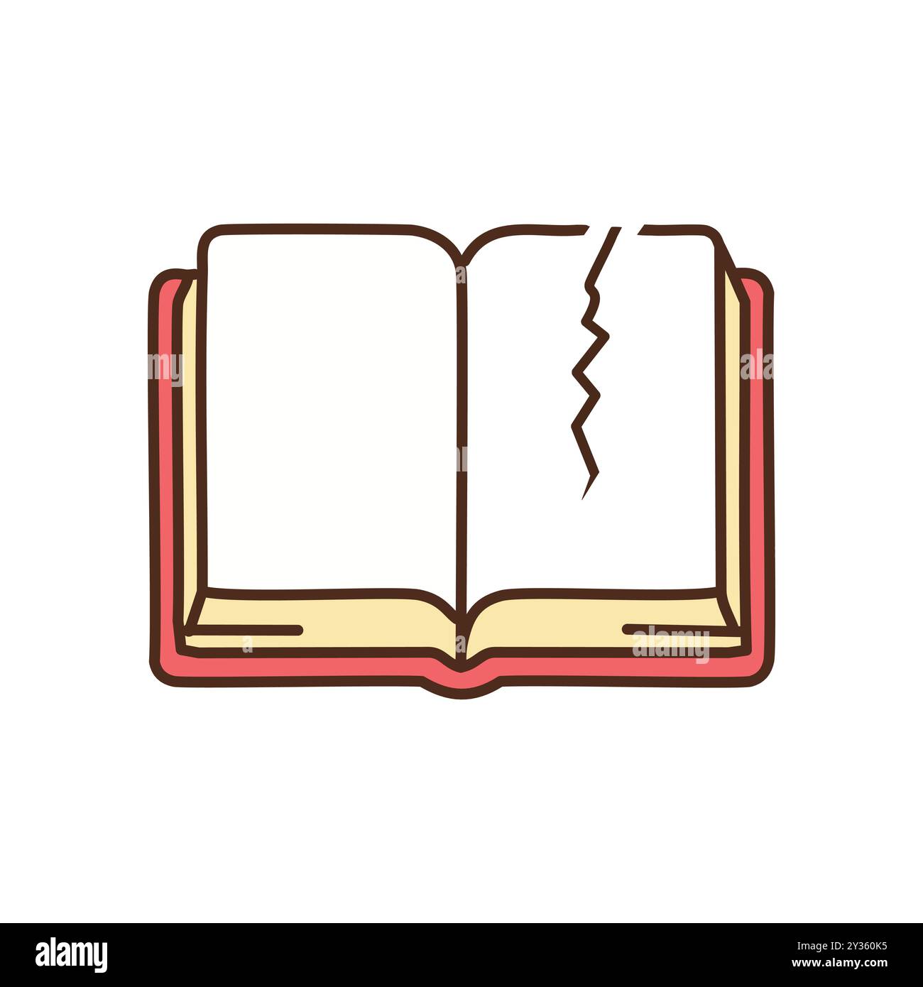 Illustration eines gerissenen Buches. Öffnen Sie das Buch mit einem Riss im Cover. Stellt Schaden, gebrochene Versprechen oder die Fragilität des Wissens dar. Stock Vektor