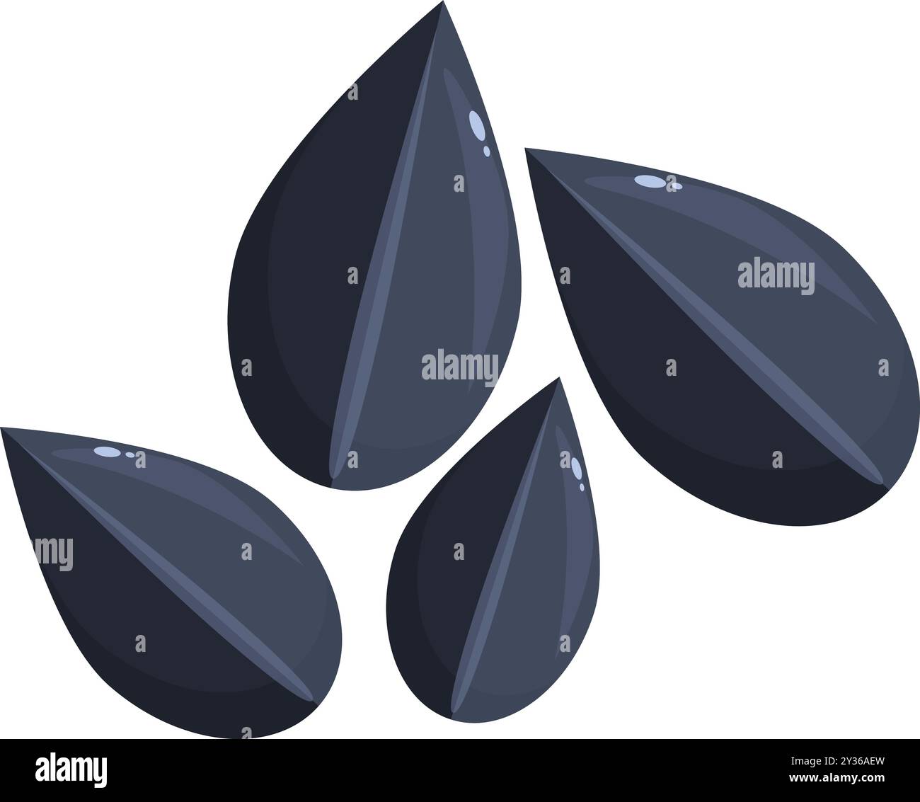 Vier Sonnenblumenkerne aus schwarzem Öl fallen, drehen sich, um ihre flachste Seite zu zeigen Stock Vektor