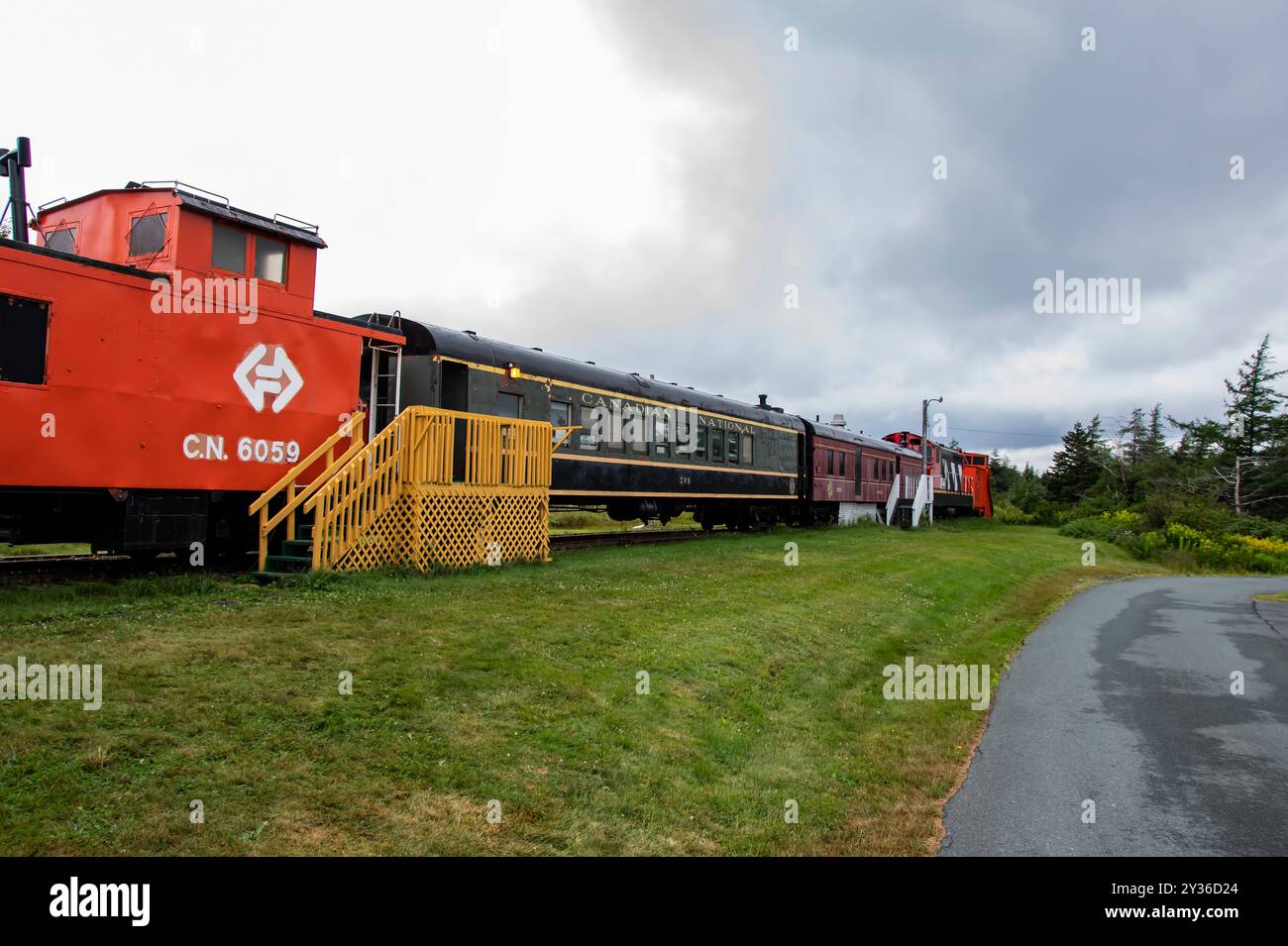 Ausstellung von CN-Eisenbahnwagen im Eisenbahnmuseum in Avondale, Neufundland und Labrador, Kanada Stockfoto