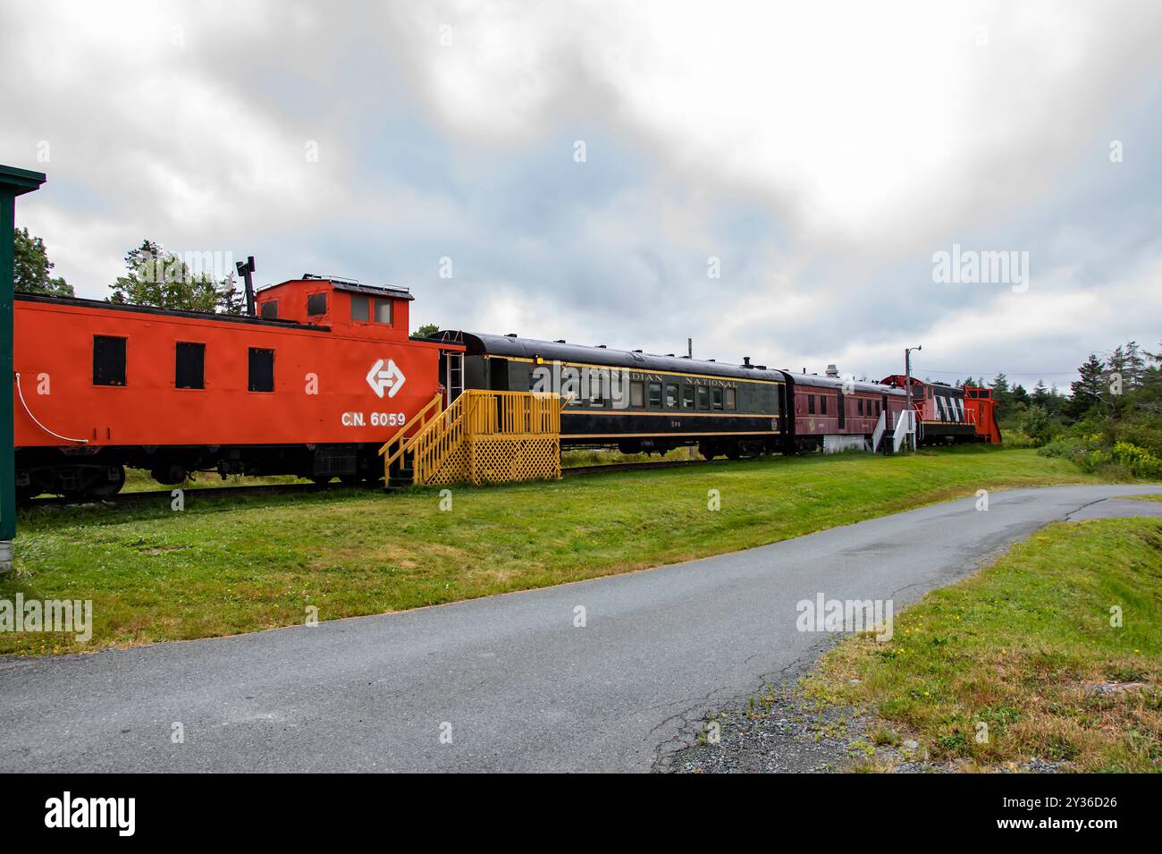Ausstellung von CN-Eisenbahnwagen im Eisenbahnmuseum in Avondale, Neufundland und Labrador, Kanada Stockfoto
