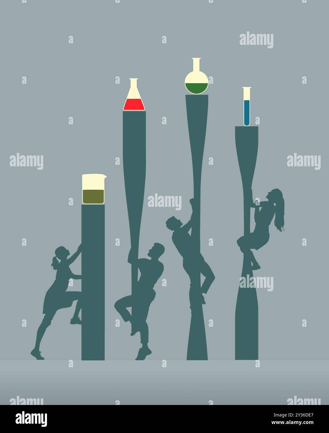 Menschen klettern zu laborbechern, Kolben und Reagenzgläsern mit selbst gekochten Medikamenten in dieser Abbildung. Hausmannskost ist das Thema. Stockfoto