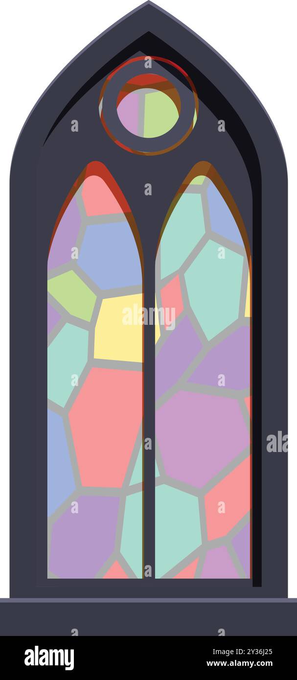 Hohes und schmales gotisches Buntglasfenster mit farbenfrohem Mosaikdesign, geeignet für architektonische Visualisierungen Stock Vektor