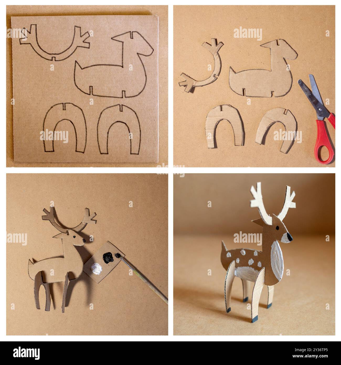 Wie man selbstgemachte Hirsche aus recyceltem Papier macht, ideales Weihnachtsspielzeug für Kinder. Einnehmendes Tutorial für Kindergartenprojekte und festliche Aktivitäten Stockfoto
