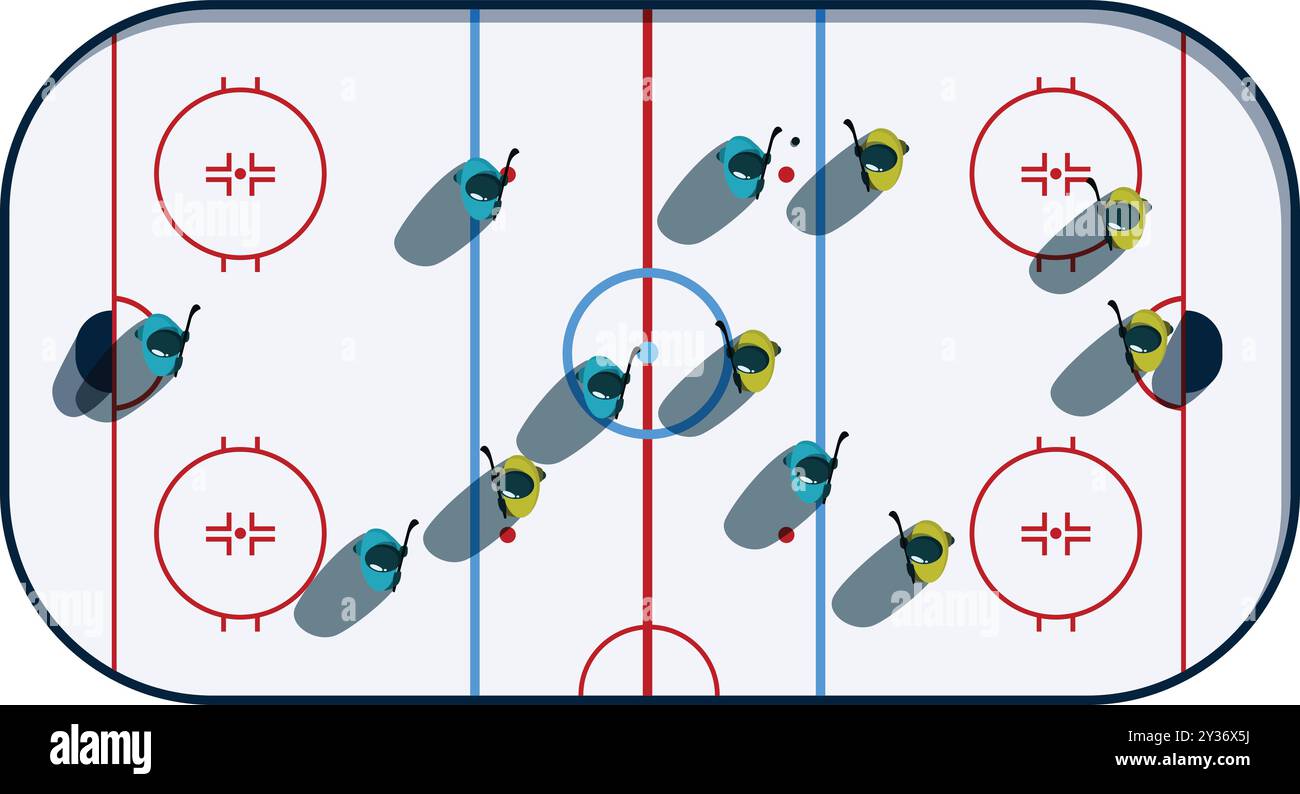 Luftaufnahme eines Eishockeyspiels, bei dem zwei Teams auf dem Eis stehen Stock Vektor