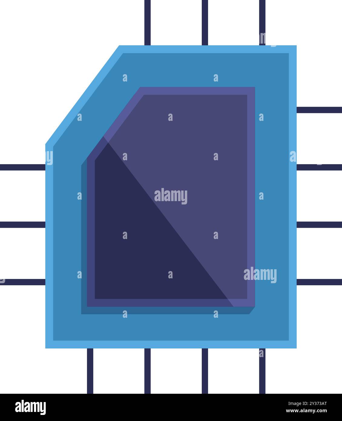Blauer Mikrochip mit einem dunklen Quadrat in der Mitte, das die Verarbeitungsleistung darstellt Stock Vektor