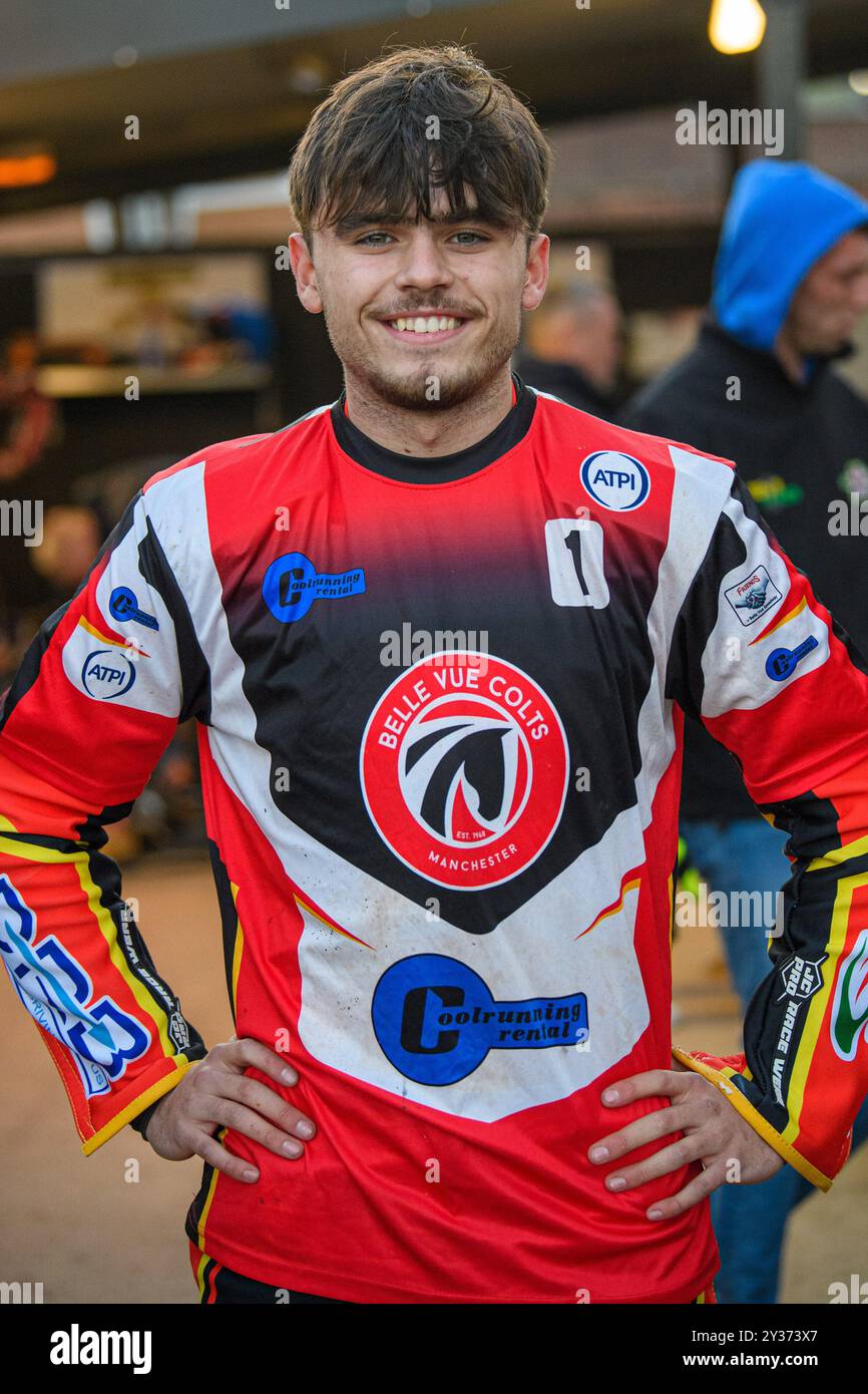 Max James, Gastreiter der Belle Vue Colts, während des Spiels der WSRA National Development League zwischen Sheffield Tiger Cubs und Belle Vue Colts im Owlerton Stadium, Sheffield, am Donnerstag, den 12. September 2024. (Foto: Ian Charles | MI News) Credit: MI News & Sport /Alamy Live News Stockfoto