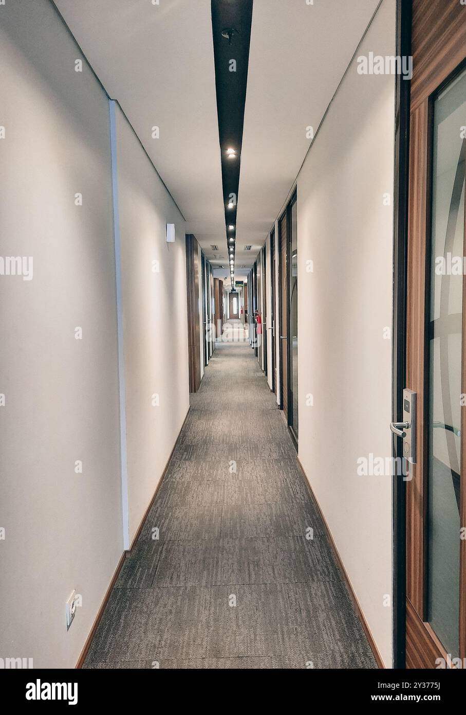 Leerer schmaler Büroflur mit warmem Licht, Büroinnenraum. Stockfoto