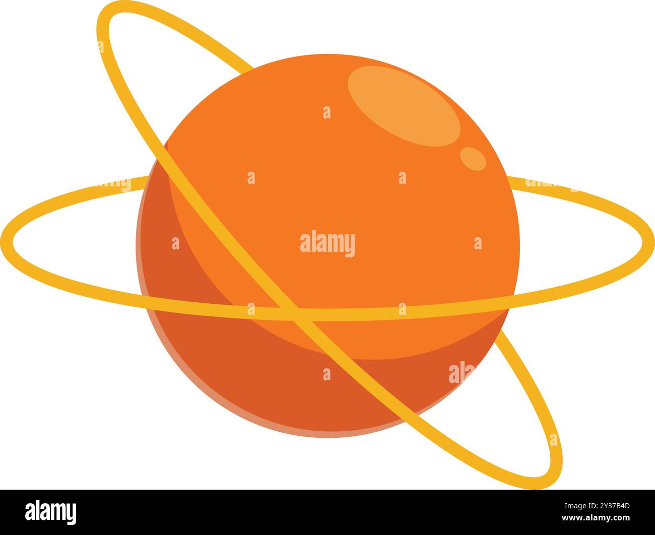 Der orangene Planet im Cartoon-Stil rotiert mit zwei Orbitalringen, was auf einen in Bewegung befindlichen Himmelskörper hindeutet Stock Vektor