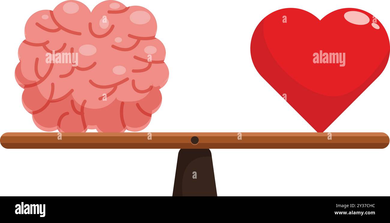 Wippe, die ein Herz und ein Gehirn ausbalanciert, repräsentiert die Bedeutung emotionaler Intelligenz bei der Suche nach einem Gleichgewicht zwischen Logik und Gefühlen Stock Vektor
