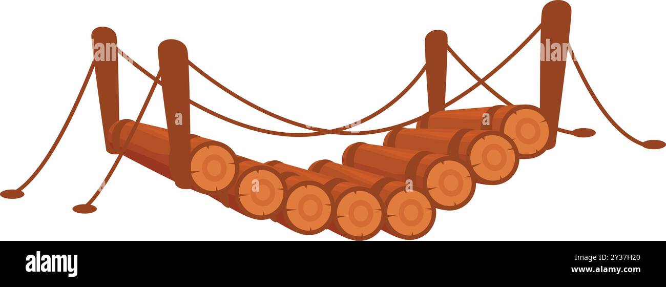 Einfache hölzerne Hängebrücke aus Baumstämmen und Seil verbindet zwei Seiten Stock Vektor