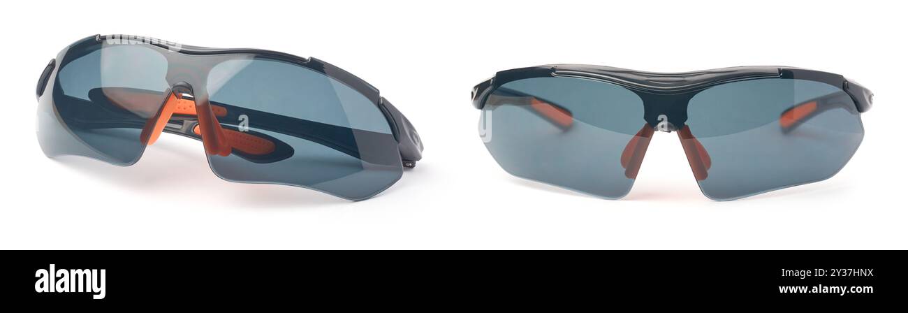 sonnenbrille oder Schutzbrille mit getönter Linse isolierter weißer Hintergrund, moderne Form zur Unfallverhütung Schutzbrille zum Schutz der Augen Stockfoto