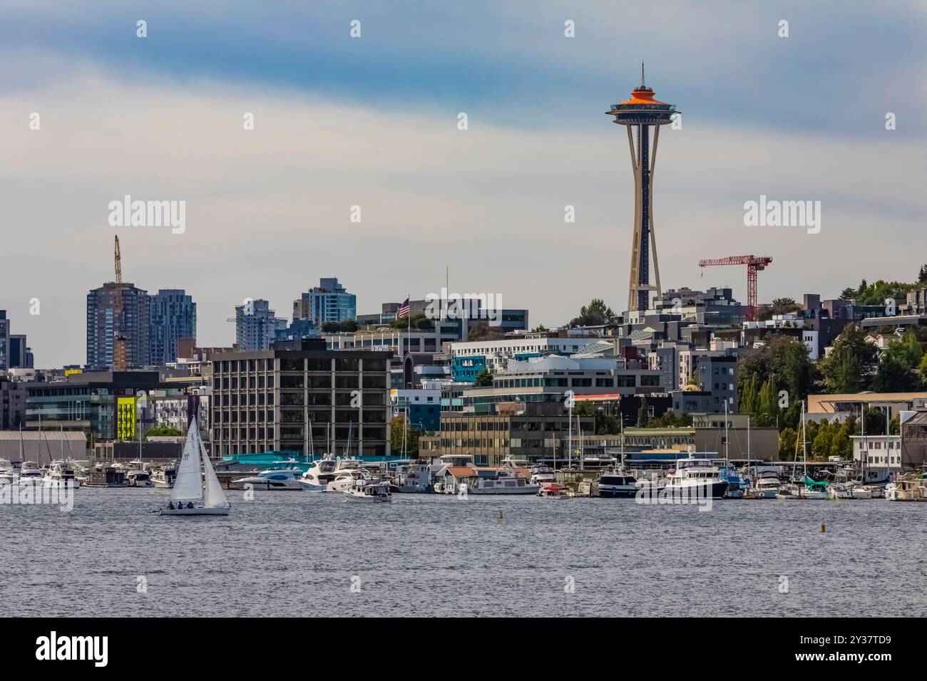 Lake Union und Space Needle aus dem Gas Works Park am Lake Union, Seattle, Washington State, USA Stockfoto