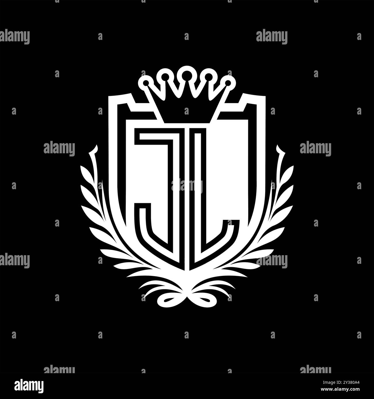 JL Letter Logo in Wappenform mit Krone, Vintage-Schild auf schwarzem Hintergrund Stockfoto