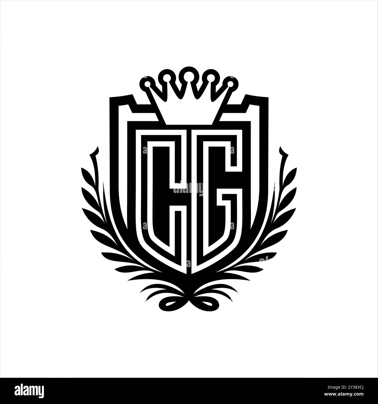 CG Letter Logo-Wappenform mit Krone, Vintage-Schild auf weißem Hintergrund Stockfoto