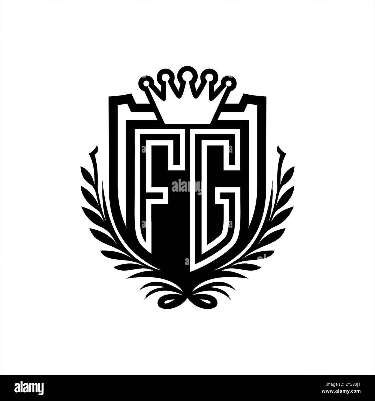 FG Letter Logo mit heraldischer Schildform mit Krone, Vintage-Schild auf weißem Hintergrund Stockfoto