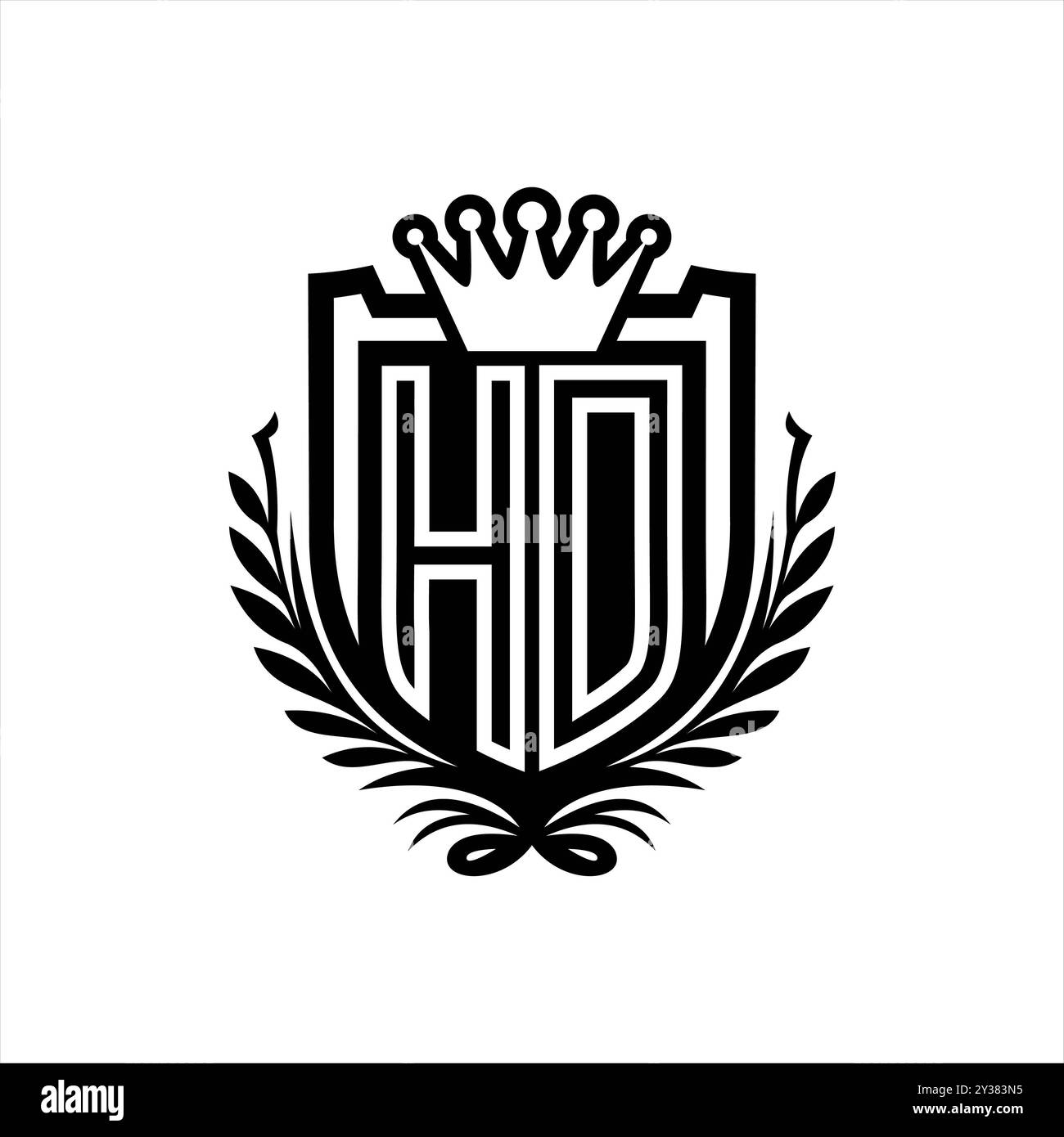 Heraldische Schildform mit HD-Letter-Logo und Krone, Vintage-Schild auf weißem Hintergrund Stockfoto