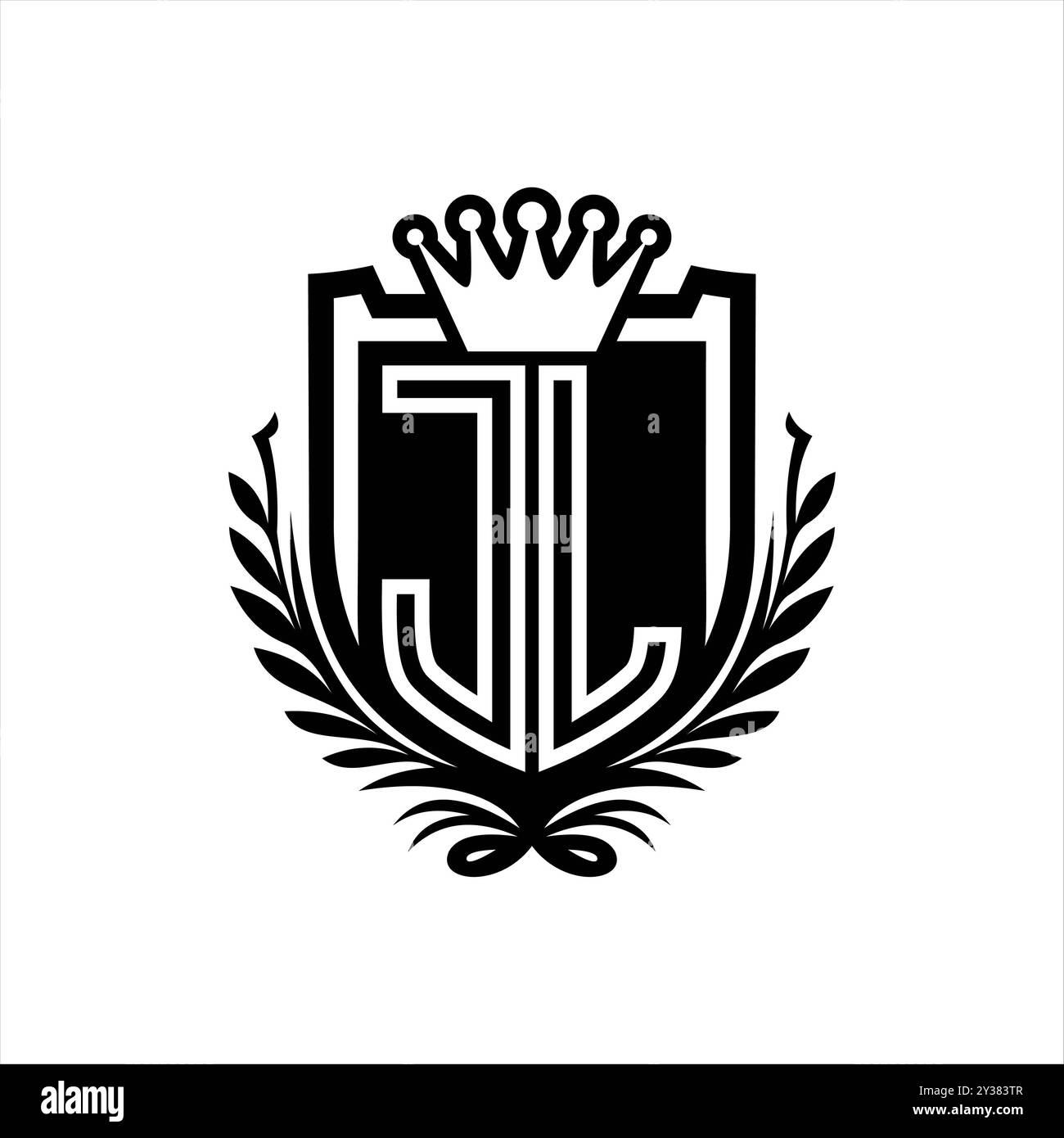 JL Letter Logo mit heraldischer Schildform mit Krone, Vintage-Schild auf weißem Hintergrund Stockfoto