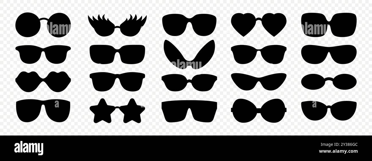 Vector Flat Frame Brille Silhouette Symbolsatz. Sonnenbrillen, Vintage-Brillen, Gläser. Design-Vorlage für Optik und Brillen. Vektorabbildung. Flach Stock Vektor