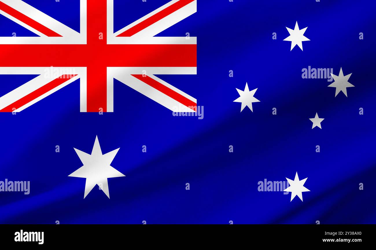 Hintergrunddetails der australischen Flagge, die den gesamten Rahmen mit gewellter Stoffstruktur besetzt. Stockfoto