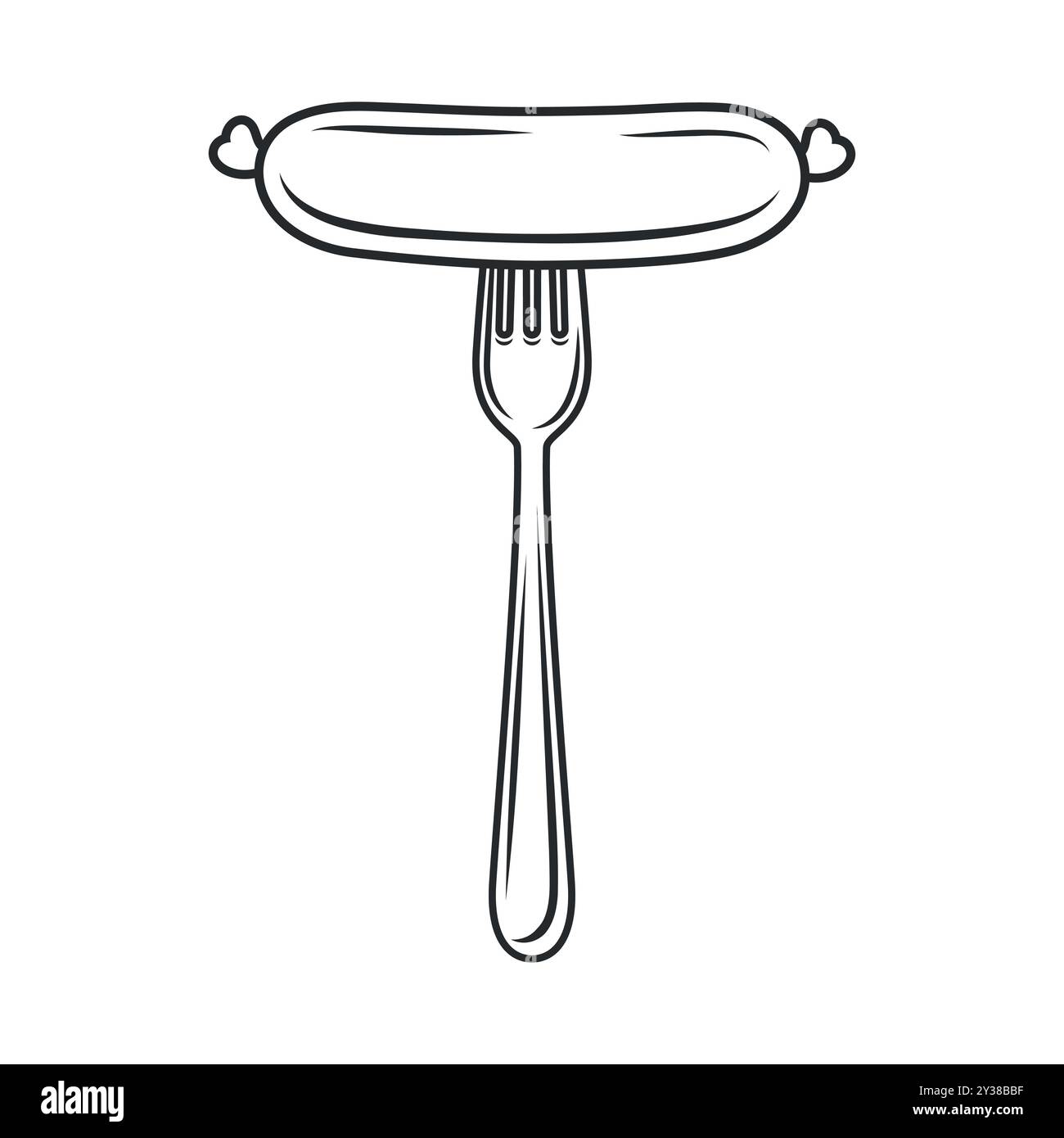 Flache Vektor-Cartoon-Wurst auf Gabel mit Umrissnaht isoliert auf weißem Hintergrund. Vektor-Lebensmittel-Illustration für Menü, Grill und kulinarisches Design Stock Vektor