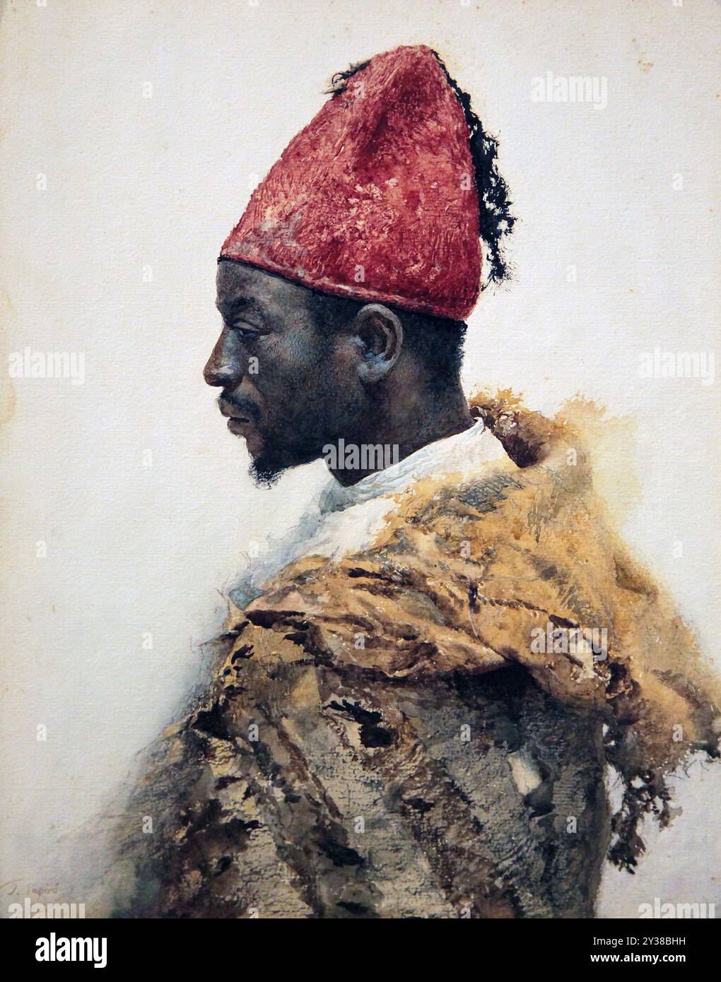 Mann von Tanger mit Rotem Fez (ca. 1890–1900), hergestellt von /hecho por Josep Tapiró (1835–1913). Tangerino con Tarbouch rojo. Josep Tapiró i Baró. Pintor Español. Stockfoto