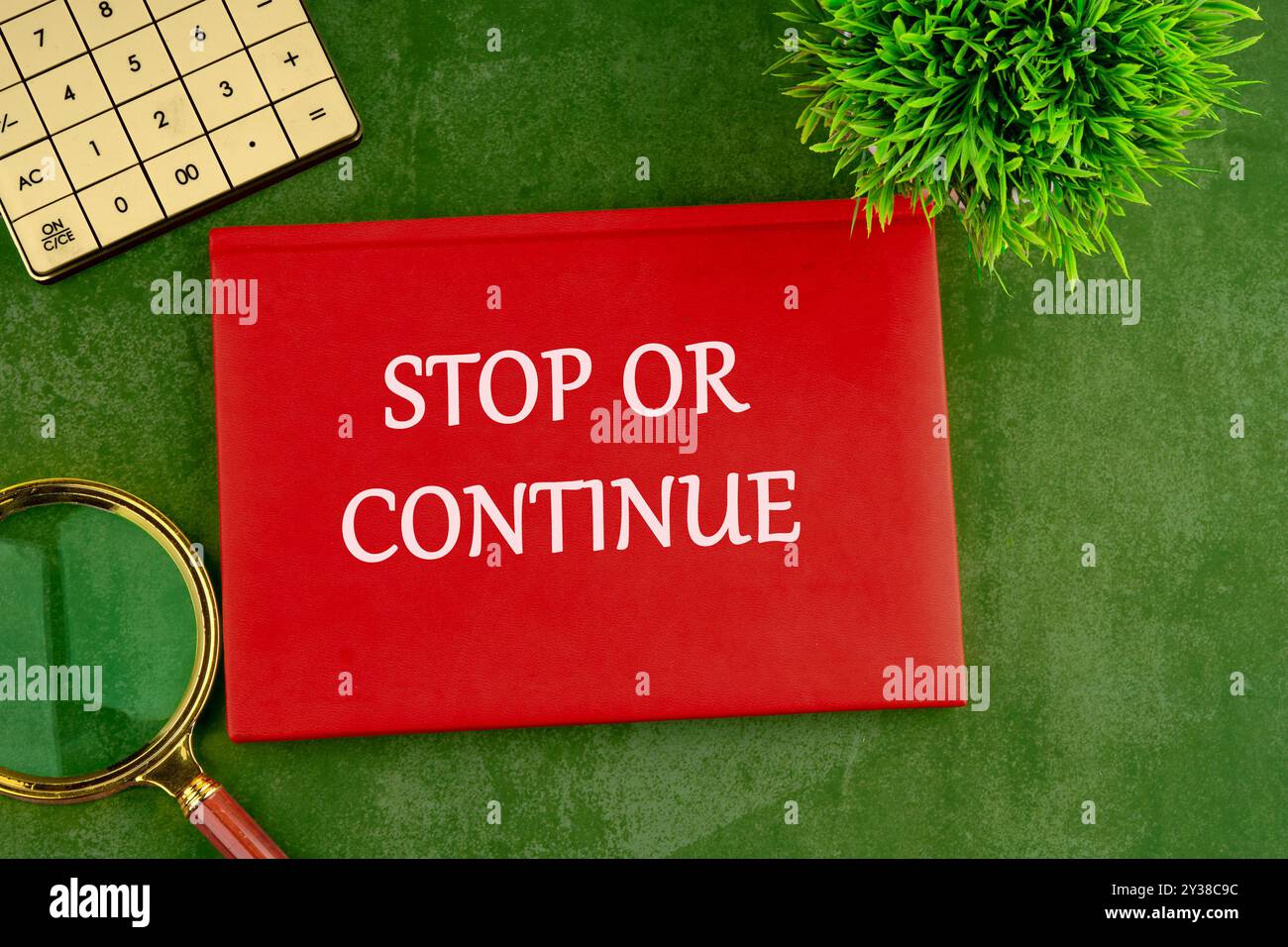 HÖREN SIE AUF, ODER FAHREN SIE FORT, geschrieben auf dem roten Buch, Geschäft auf einem grünen gesättigten Hintergrund Stockfoto