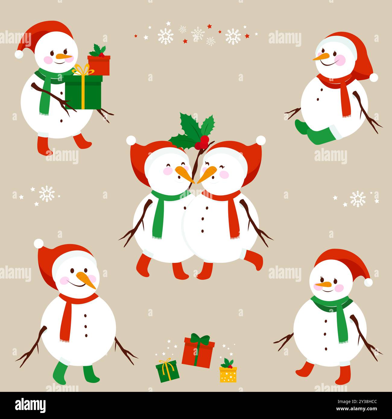 Weihnachten Schneemänner Set mit Weihnachtsgeschenken. Schneemänner mit Weihnachtsmützen und Weihnachtsmannmützen. Stockfoto