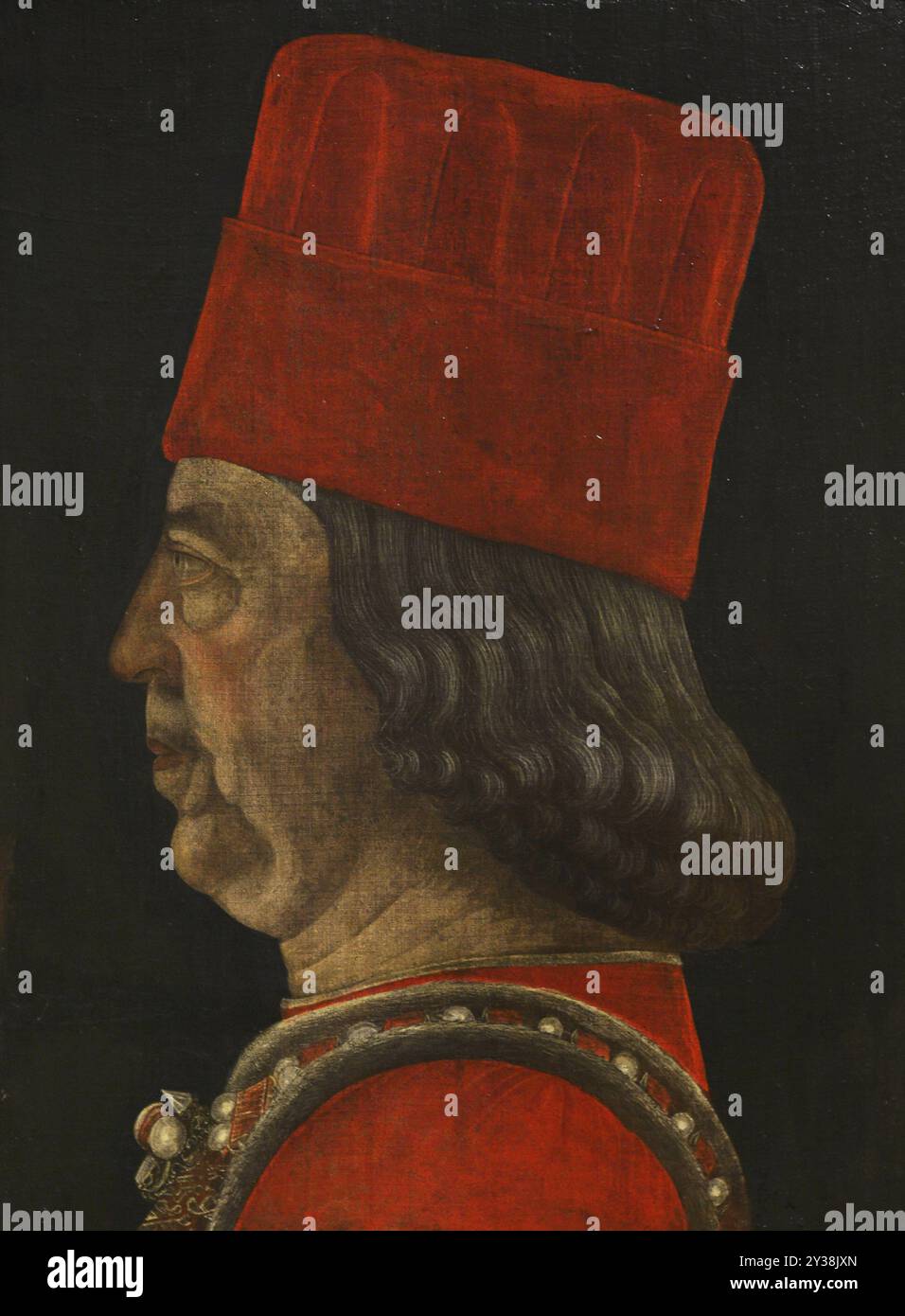 Borso d'Este (1413-1471). Herzog von Ferrara, Modena und Reggio von 1450 bis 1471. Porträt des italienischen Renaissancemalers Baldassarre d’Este (Vicino da Ferrara) (1432–1504), 1469–1471. Tempera auf Leinwand, auf Holzplatte verklebt (46 x 36 cm). Pinacoteca Castello Sforzesco, Mailand, Italien. Stockfoto Borso d'Este (1413-1471). Herzog von Ferrara, Modena und Reggio von 1450 bis 1471. Porträt des italienischen Renaissancemalers Baldassarre d’Este (Vicino da Ferrara) (1432–1504), 1469–1471. Tempera auf Leinwand, auf Holzplatte verklebt (46 x 36 cm). Pinacoteca Castello Sforzesco, Mailand, Italien. Stockfoto