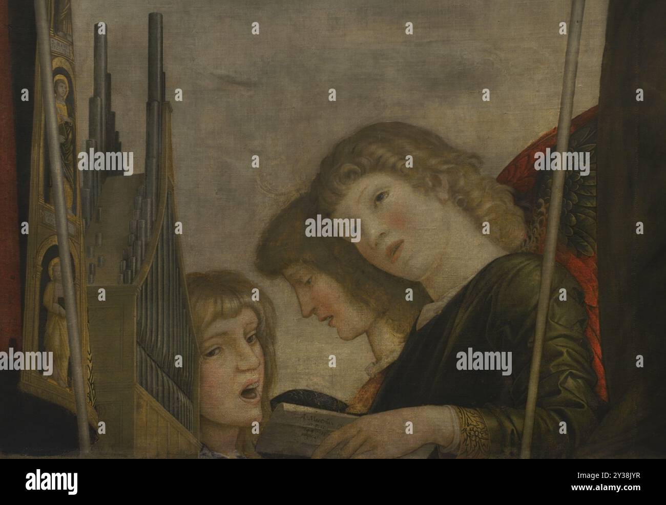 Andrea Mantegna (1431-1506). Italienischer Renaissance-Maler. "Trivulzio Madonna", 1497. Madonna in Ruhm mit St. Johannes der Täufer, Gregor der große, Benedikt und Jerome. Tempera auf Leinwand (287 x 214 cm). Detail des unteren Teils. Engel singen. Pinacoteca Castello Sforzesco, Mailand, Italien. Stockfoto