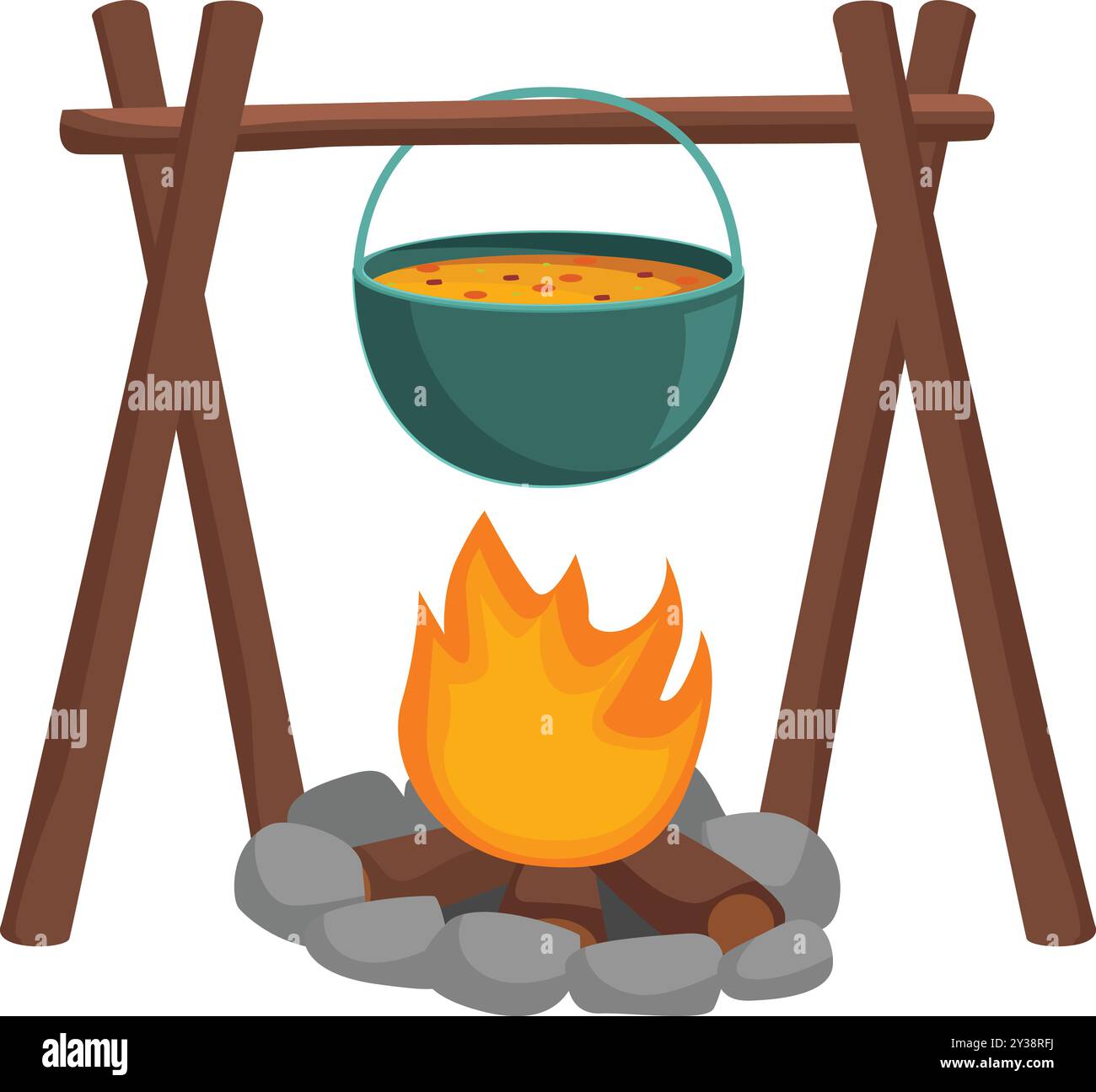 Der Kochtopf hängt über dem Lagerfeuer auf einem Holzstativ, das Konzept der Zubereitung von Campingmahlzeiten im Cartoon-Stil Stock Vektor