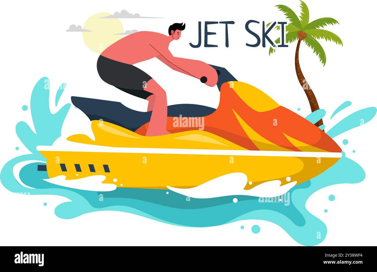 Vektor-Illustration der Leute, die Jet Skis mit Sommer Urlaub Erholung und Resort Beach Aktivitäten im flachen extremen Wasser Sport Hintergrund reiten Stock Vektor