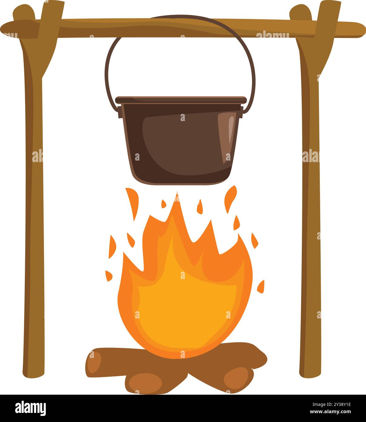 Metalltopf hängt über einem Lagerfeuer auf einem Holzregal Stock Vektor