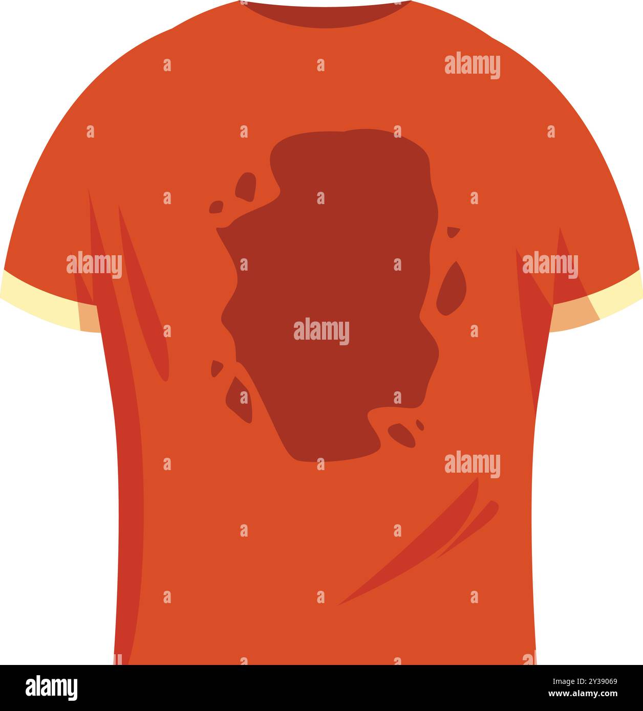 Illustration mit einem orangefarbenen T-Shirt, gefärbt mit einem großen braunen Fleck, was den Bedarf an Wäsche darstellt Stock Vektor