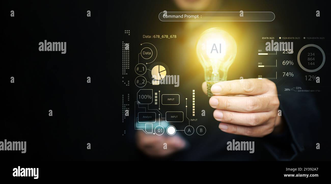 KI-Technologiekonzept. Der Mann hält eine beleuchtete Glühlampe mit intelligentem Ai-Chip und Eingabeaufforderung. Künstliche Intelligenz für Ideen, Kreativität, Stockfoto