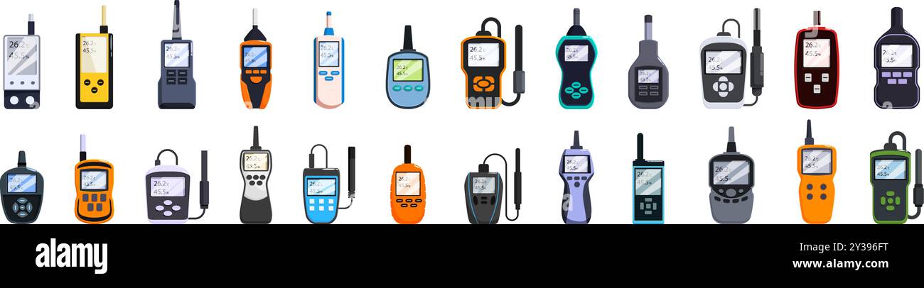 Symbole für Thermohygrometer eingestellt. Set aus farbenfrohen elektronischen Werkzeugen zur Messung von Umgebungsparametern, Temperatur, Feuchtigkeit und anderen Indikatoren Stock Vektor