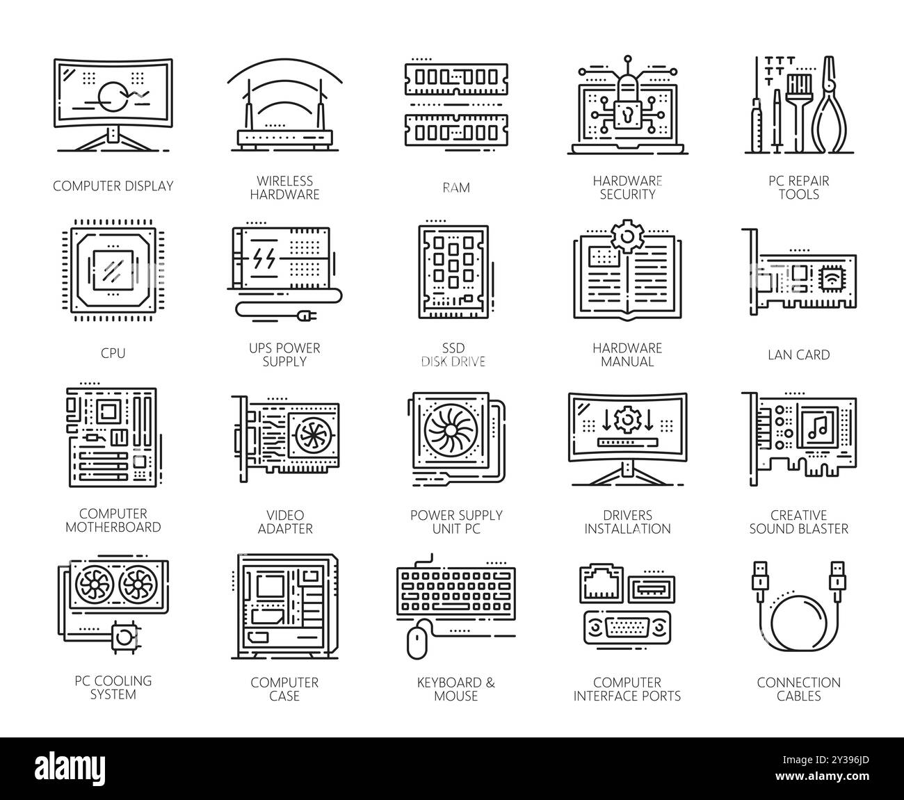 Symbole für Software- und Hardwarezeilen. Vector Outline Computer cpu, pc Memory Chip, RAM, Maus und Tastatur, Motherboard, Netzwerkkabel, ssd-Laufwerk und wlan-Router. Dünnlinienmonitor, Koffer, Reparaturwerkzeug Stock Vektor