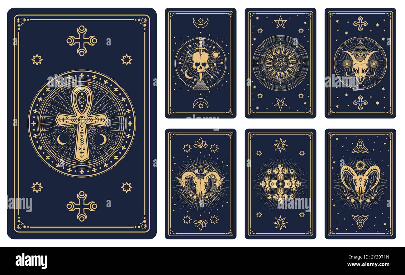 Tarotkarten mit esoterischen Zaubersymbolen wie Schädel, Teufelsstern und Mond oder Sonne, Vektorrahmen mit goldenen Linien. Tarotkarten Decks oder Reverse Design mit maueraugenpyramide, Kristall und Satan Pentakel Stock Vektor
