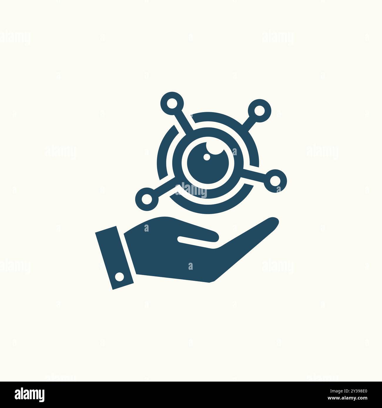 Design mit Logo für digitale Augenpflegetechnologie. Hand halten Sie den digitalen Augenvektor hoch. Stock Vektor