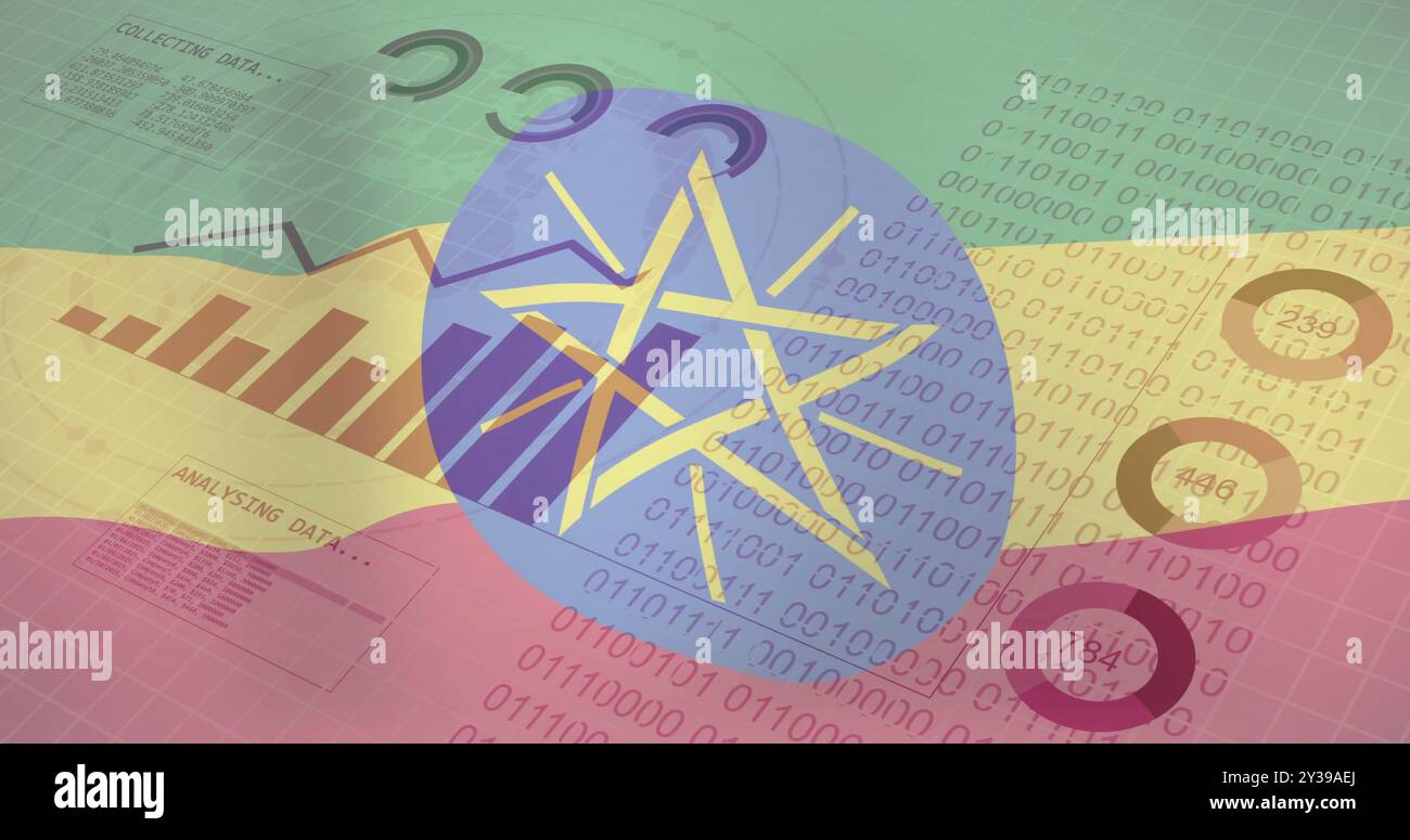 Datenerfassung und binäres Codierungsbild über der Flagge Äthiopiens Stockfoto