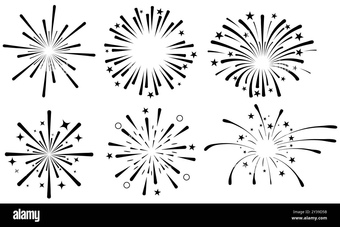 Set mit 6 Feuerwerk-Explosionen, Silhouetten isoliert auf weißem Hintergrund Stock Vektor