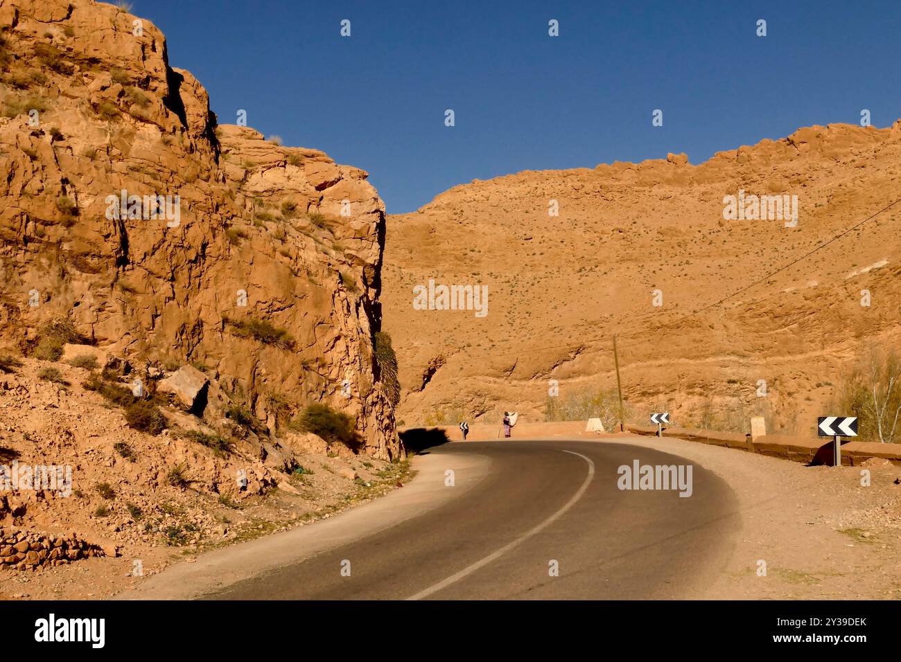 Die Dades-Schlucht wird von einem gewundenen Asphaltstreifen durchzogen, der von den Einheimischen als „Straße der Tausend Kasbahs“ bezeichnet wird. Stockfoto