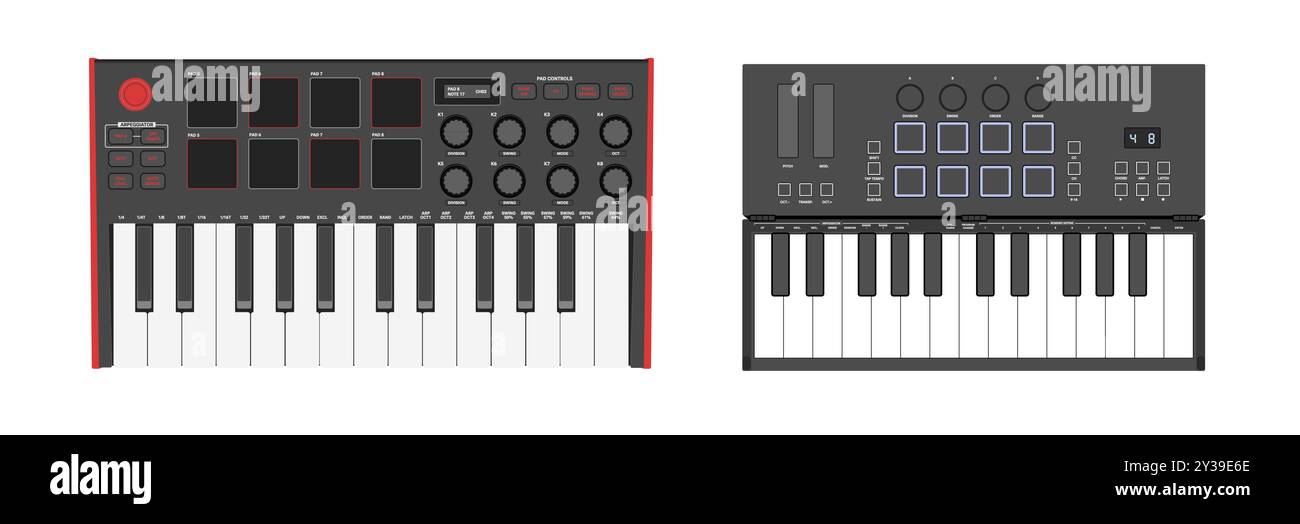 Realistische Synthesizer, Midi-Controller. Zwei Oktaven, Tasten, Pads und Tasten. Digitales Musikinstrument. Stock Vektor