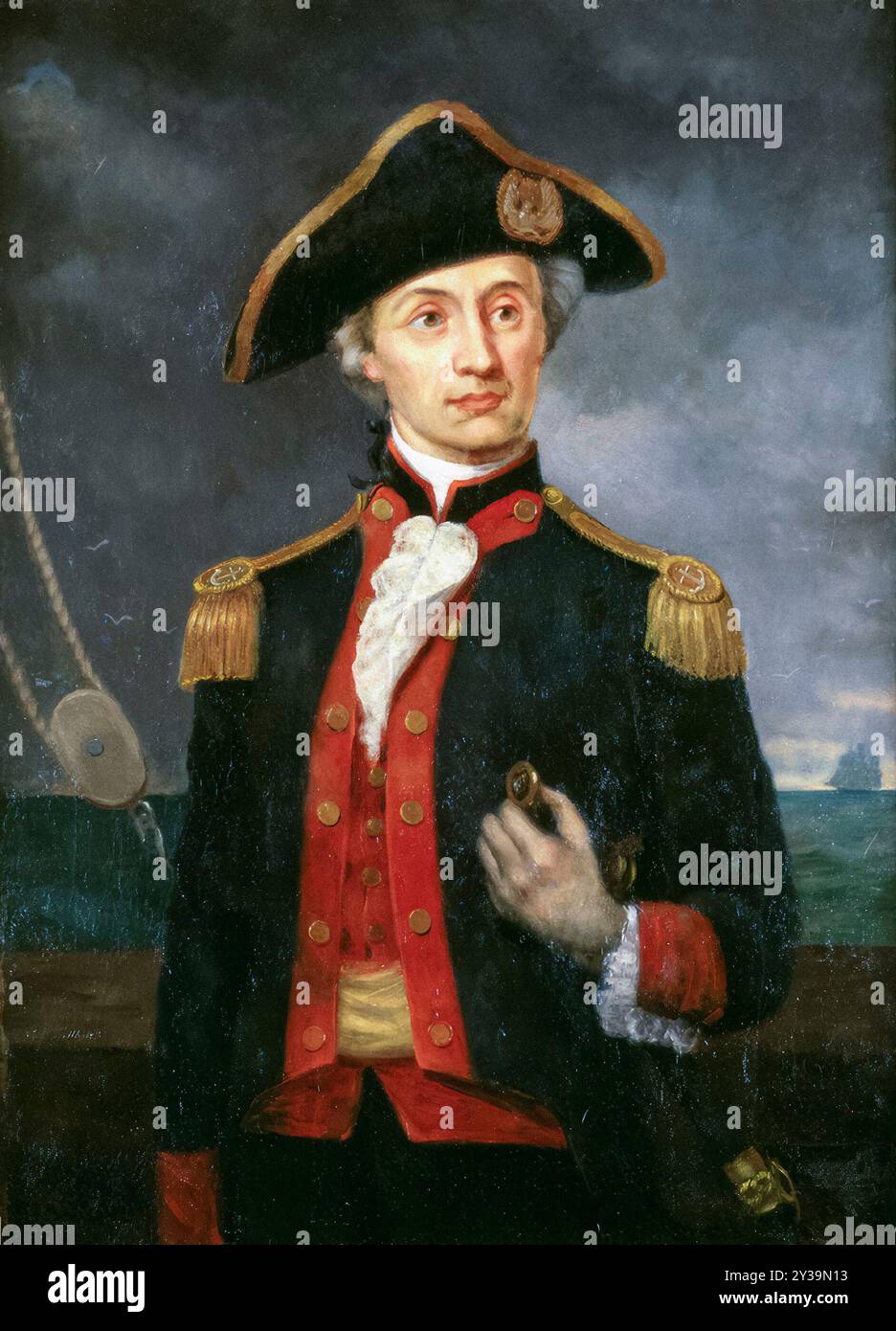 John Paul Jones (1747–1792), schottischer Marineoffizier, der während des Amerikanischen Unabhängigkeitskrieges in der Continental Navy diente, Porträtgemälde in Öl auf Leinwand von George Bagby Matthews, nach Charles Willson Peale, um 1890 Stockfoto
