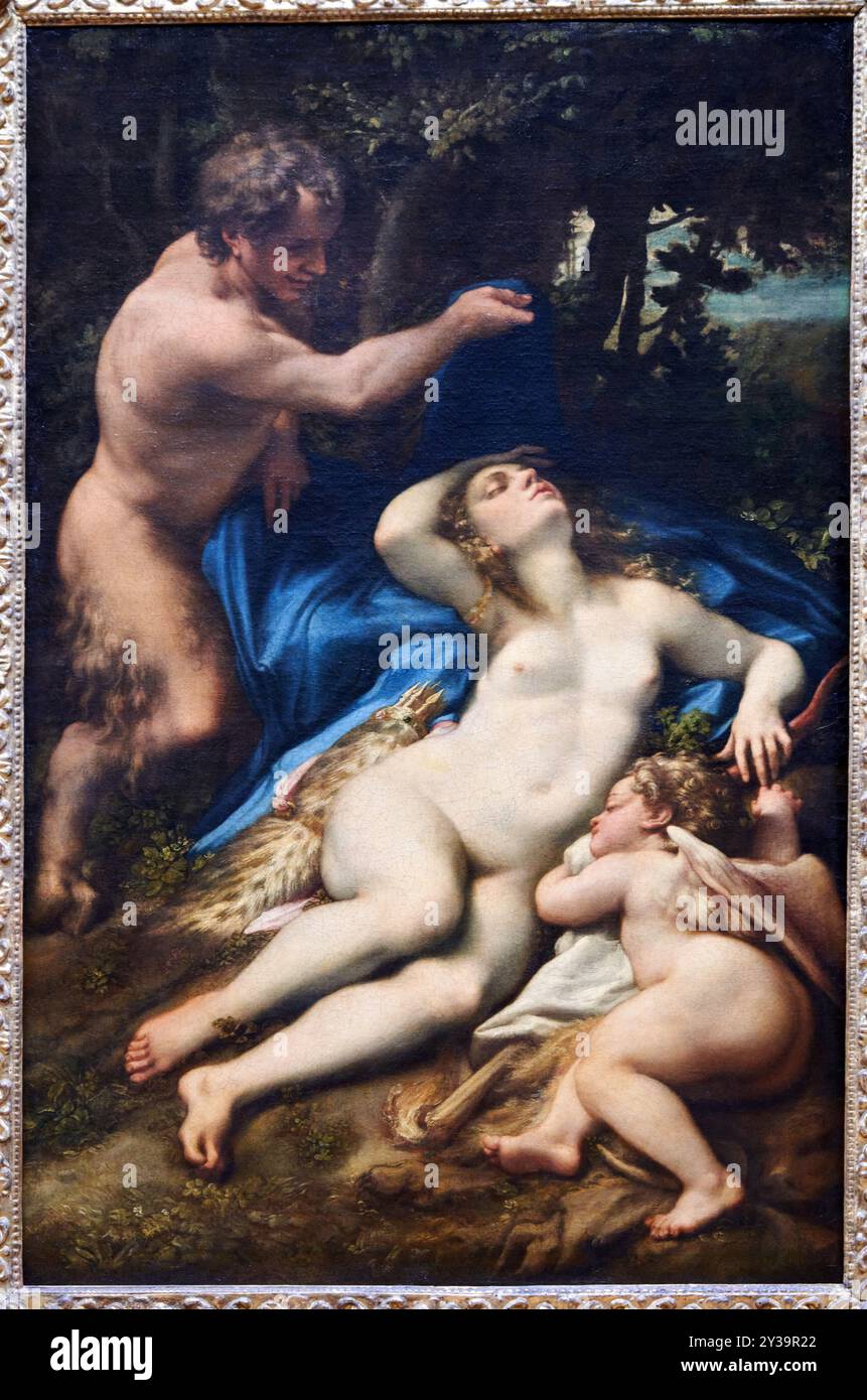 Venus und Cupid entdeckt von einem Satyr, früher bekannt als Jupiter und Antiope, Öl auf Leinwand, um 1524-1527, Antonio Allegri, dit CORRIGE, Corregio ( Stockfoto